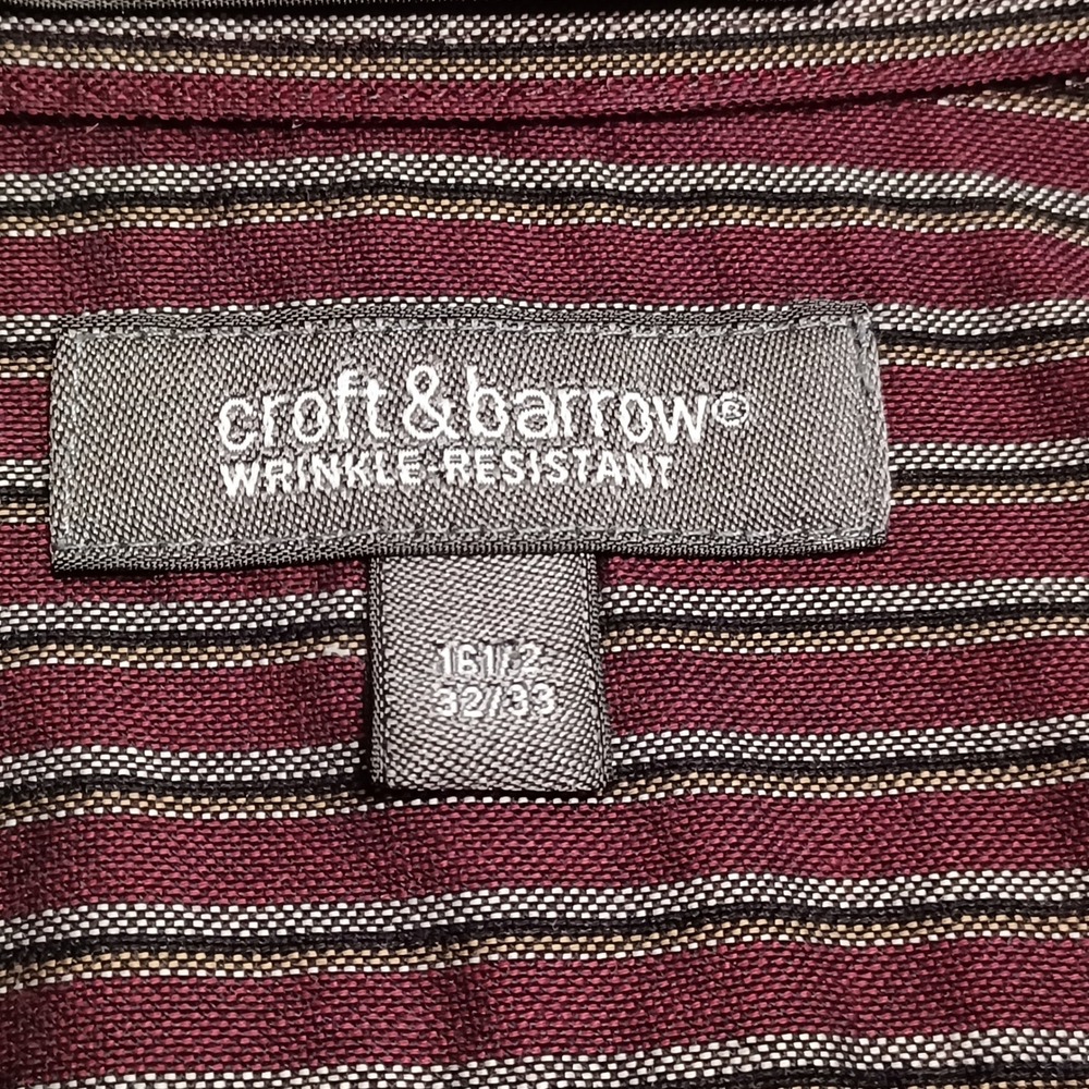 Croft‎ & Barrow Dress Shirt Mens 16.5 32/33 Maroon Striped Wrinkle Resist Oxford